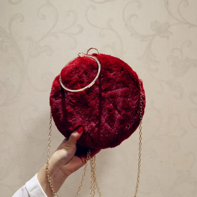 Red Женская вечерняя сумочка, отделка из искусственного меха, велюровая, для свадьбы, круговой, дневной клатч, женский, розовый, черный, клатч, кошелек - Цвет: Red