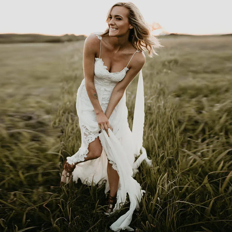LORIE Boho Свадебное платье с тонкими бретельками кружевное сексуальное свадебное