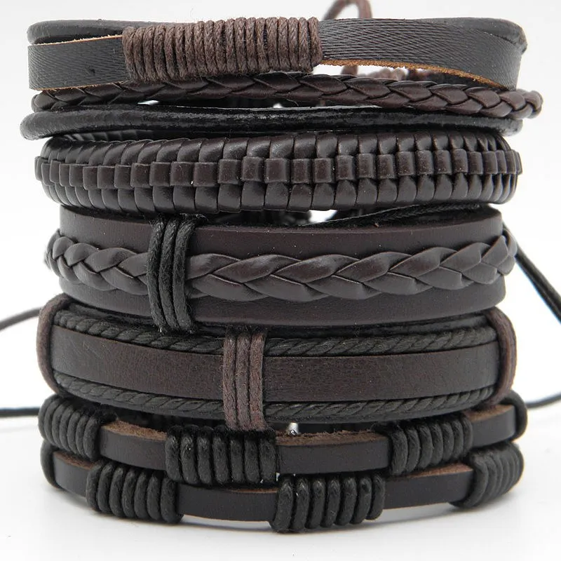 5pcs/set Trendy Male leather Braided Wrap bracelets Multilayer Men's Vintage Wristband Jewelry Brown Xmas Gift | Украшения и