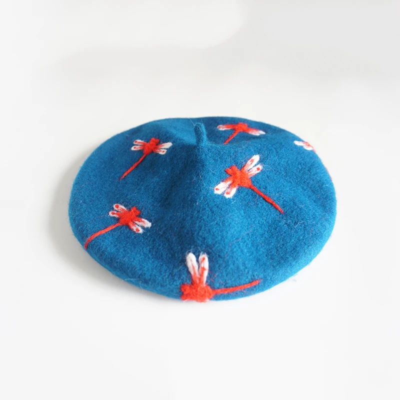 Faramita Holiday Brand Design Hand-made Winter Women Girls Berets Wool Felt Manual Dragonfly Cute Beret Hats Blue Caps Round | Аксессуары