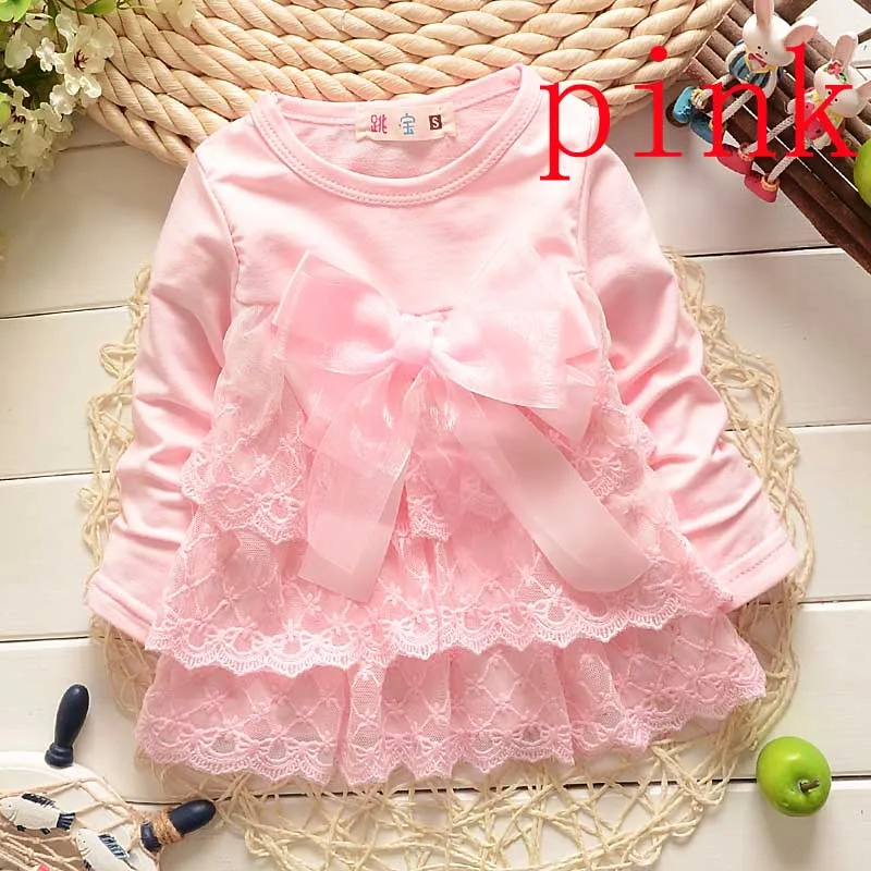 C6172-pink Детские кружевные рубашки, хлопковая рубашка принцессы с бантом для девочек, милые вечерние рубашки с длинными рукавами для малышей - Цвет: C6172-pink