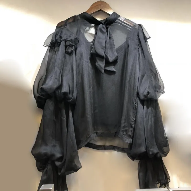 black TWOTWINSTYLE Весенняя рубашка с леопардовым принтом женская блузка с бантом на шнуровке пышные Шифоновые Топы с длинным рукавом Женская винтажная мода - Цвет: black