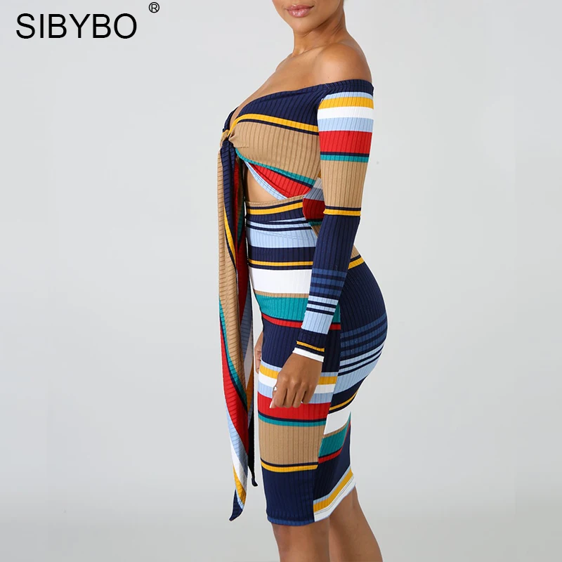 Sibybo платье в полоску, с открытыми плечами с принтом осеннее платье с длинными рукавами и отверстиями на верхнем слое Бандажное платье сексуальное женское платье с открытыми плечами, Bodycon Вечерние платья
