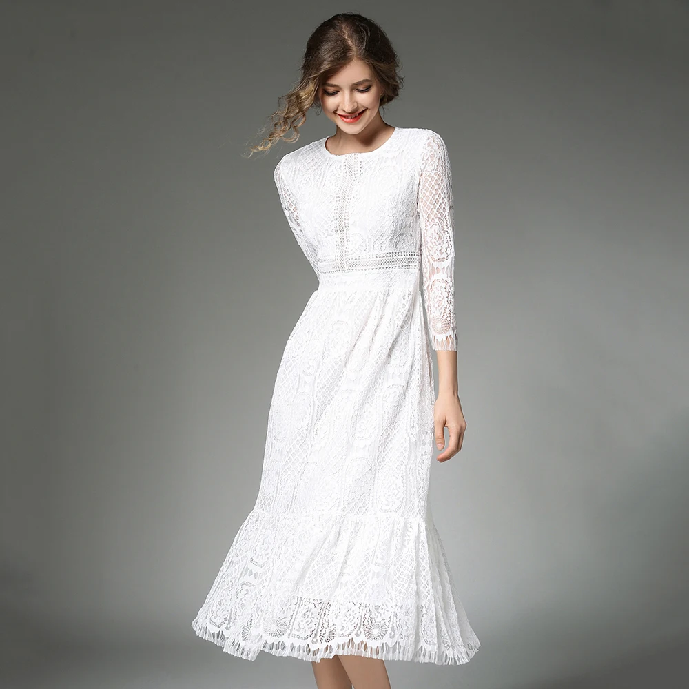 Белые кружевные платья для женщин, с высокой талией, Vestido Mujer, с круглым вырезом, платье в стиле пэчворк, большие размеры, 3/4 рукав, халат, N618