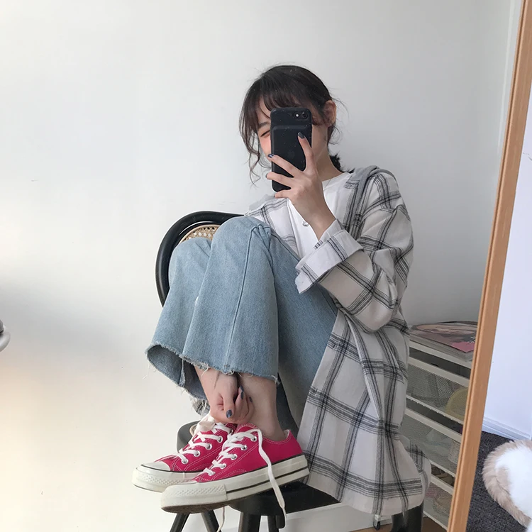 Женские свободные рубашки в Корейском стиле 2 цвета блузка клетку из
