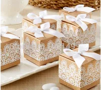 50 PCS Sweet Love Decoration Candy Sugar Paper Gift Box Rustic Lace Kraft Favor Box With Free Ribbon Wedding and Party