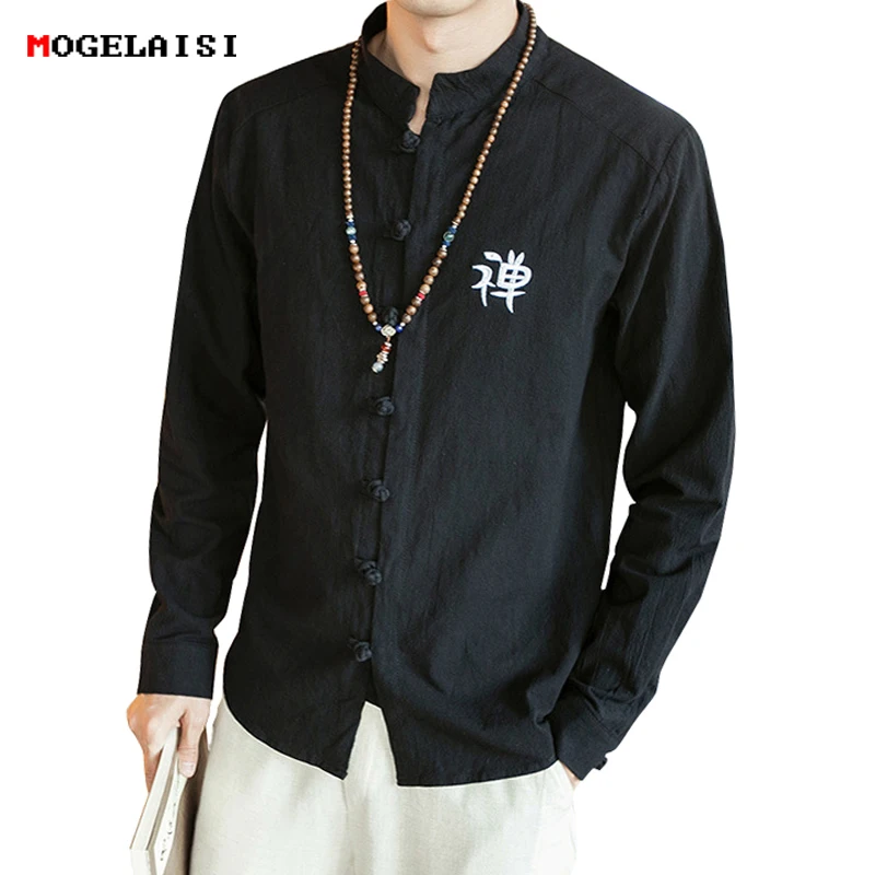 Льняные мужские рубашки с вышивкой Будды для мужчин хлопковая льняная длинная
