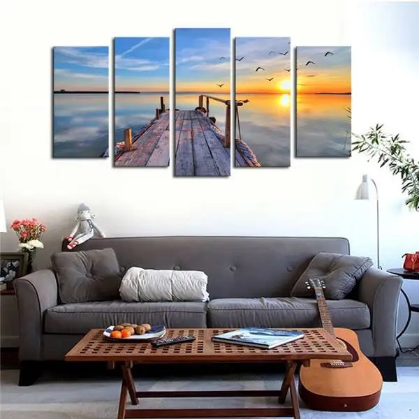 Дешевые-настенные рамки 5 панелей закат пейзаж картина печать современный холст