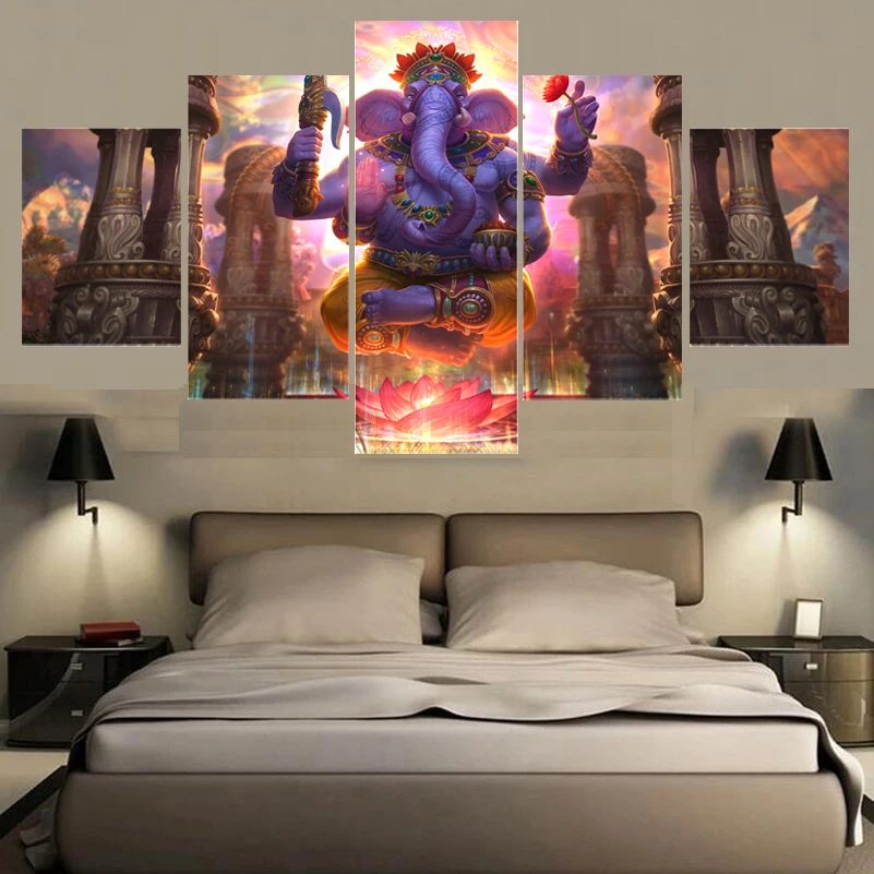 5 панелей ствол Бог Ганеша холст живопись и каллиграфия настенное искусство