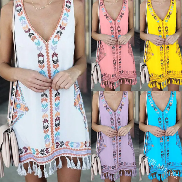 2019 new Women Smmer Mini Dresses Bohe V-neck Sleeveless Geometric Print With Tassel Ethnic Summer Beach Female vestidos verano | Женская
