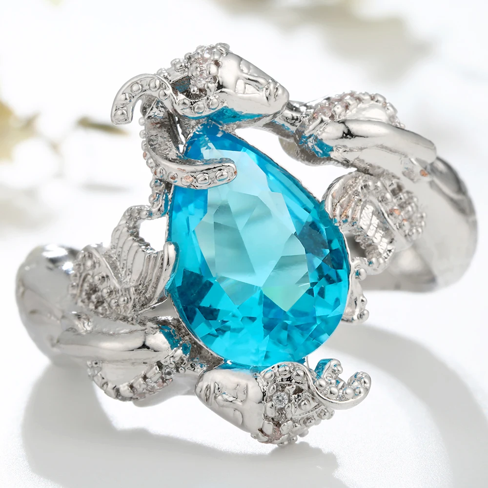 Seanlov Новое серебряное кольцо русалки для женщин большой синий циркон камень