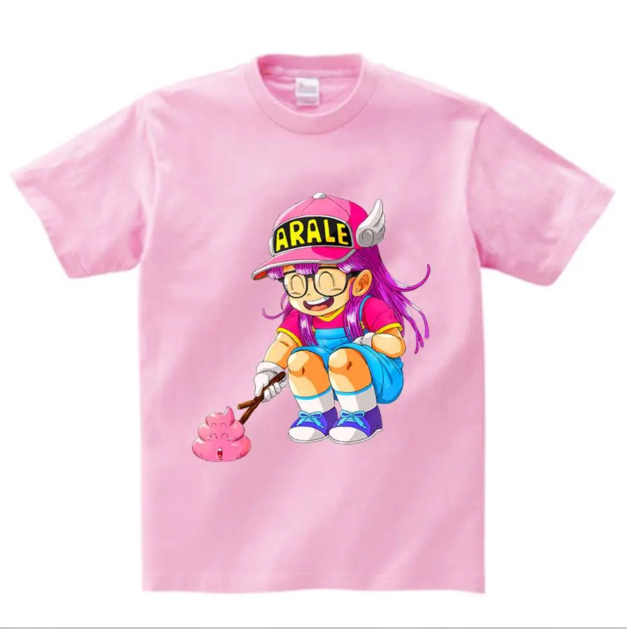 Детская футболка с принтом аниме «Драконий шар Z Arale» топы с короткими рукавами для мальчиков и девочек, футболка детская летняя Милая забавная футболка NN - Цвет: pink childreT-shirt