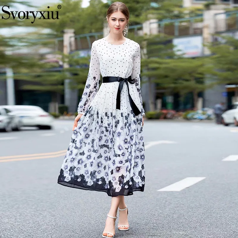 Svoryxiu моды взлетно-посадочной полосы летнее платье Макси Для женщин элегантные с длинным рукавом в горошек с цветочным принтом для отдыха и вечеринок Макси платья