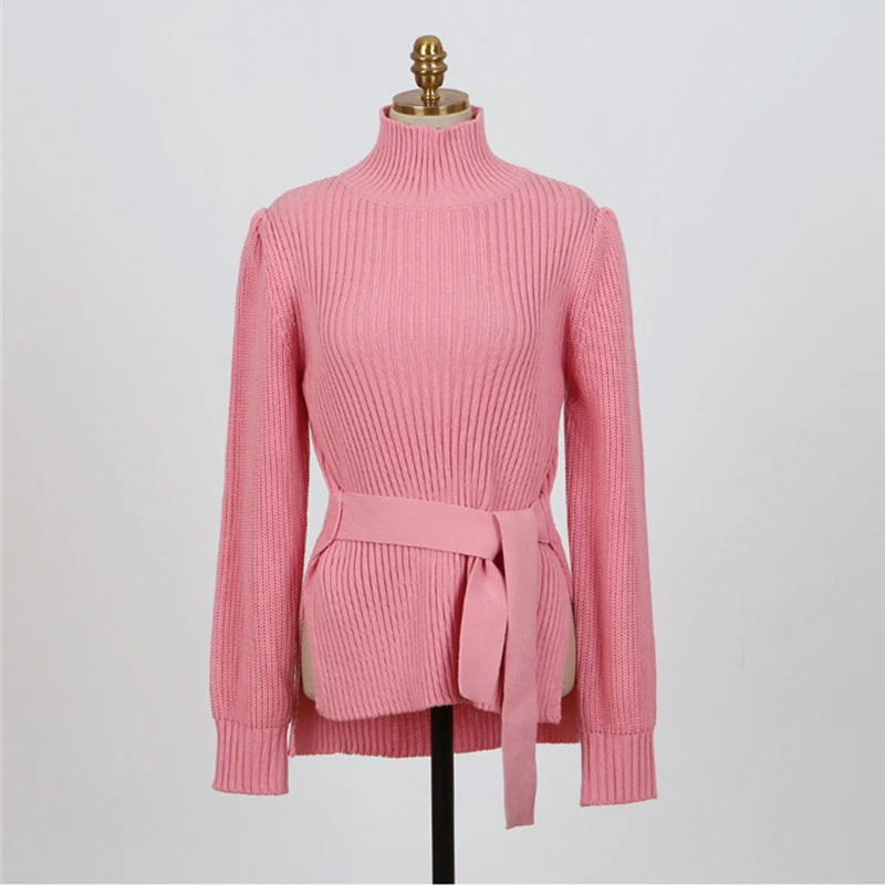 Elegant Women Turtleneck Knitted Sweater Fashion Lace-up Puff Sleeve Slim Autumn Pullover Casual Femme Winter Jumper | Женская одежда