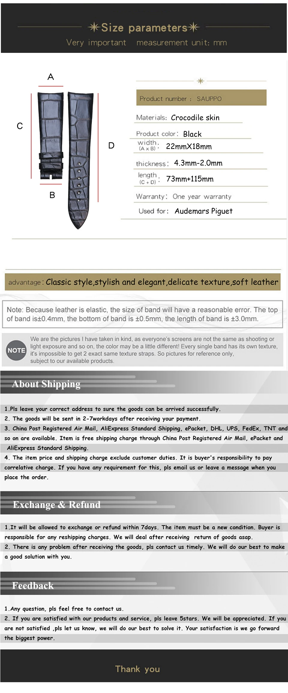 SAUPPO подходит для Audemars Piguet Jules Auemars ремешок для часов из крокодиловой кожи черный ремешок для часов с пряжкой