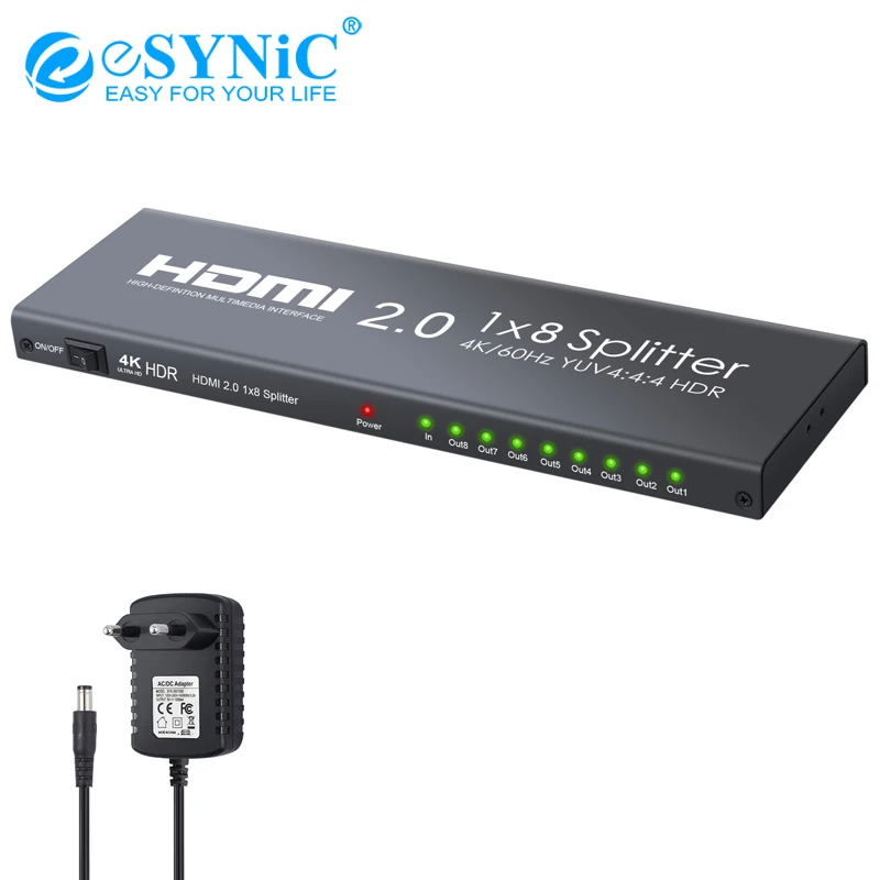 

eSYNiC HDMI 2.0 Splitter 1x2 1 in 8 out HDMI Distribution Amplifier Support 4K/60Hz YUV 4:4:4 HDR for Xbox One X PS4 Pro Sky Box