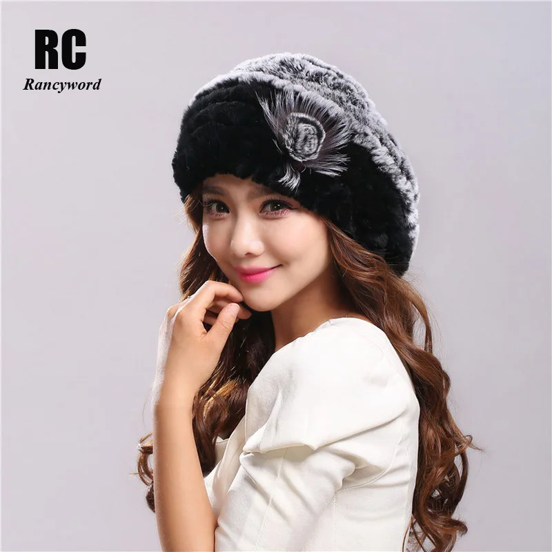 

[Rancyword] Winter Hat Women's Genuine Rex Rabbit Fur Hats Beanies Warm Casual Female Knitted Natural Fur Hat Caps RC1300