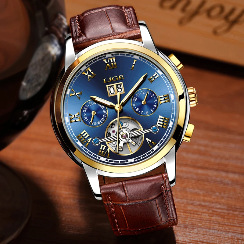 LIGE водонепроницаемые автоматические механические часы мужские кожаный ремешок