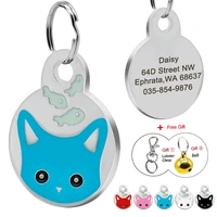 personalized round dog tag custom cat engraved name tags stainless steel cute cat face id tags for small medium pet anti lost