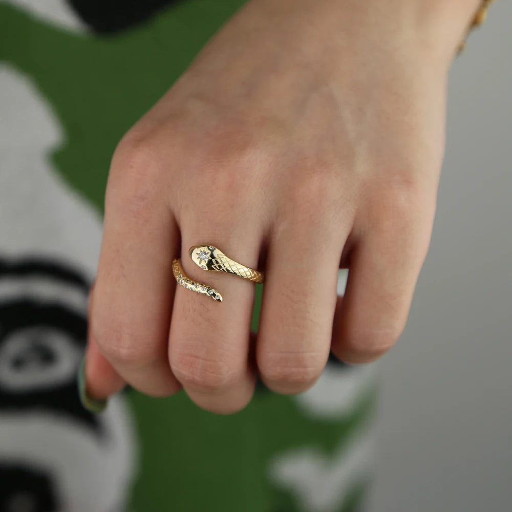 Animals snake shape micro pave cz sparking ring bling stabrust star engraved charm adjust band fashion trendy finger rings | Украшения и