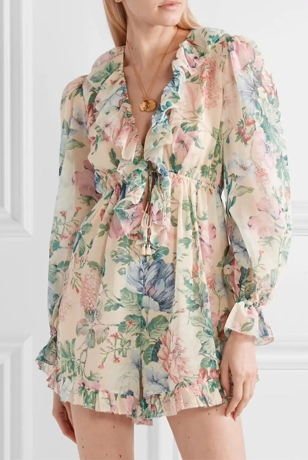 Women's New Summer Linen+ Silk Printing V-neck Long Sleeve Lacing Ruffle Fashion Playsuits