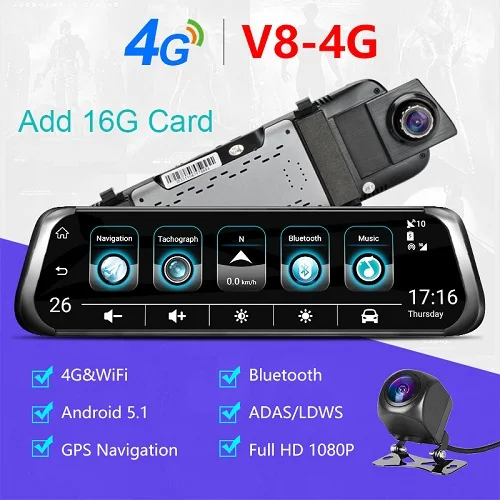 4G version 16G card Автомобильный видеорегистратор Jansite, 4G, 10 дюймов, сенсорный экран, Android 5,1, автомобильная камера, gps, автомобильный видеорегистратор, Bluetooth, 3G, Wifi, видеорегистратор, двойное зеркало заднего вида - Название цвета: 4G version 16G card