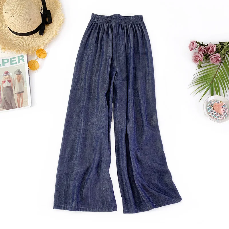 Женские широкие брюки из денима с драпировкой и эластичной резинкой на талии