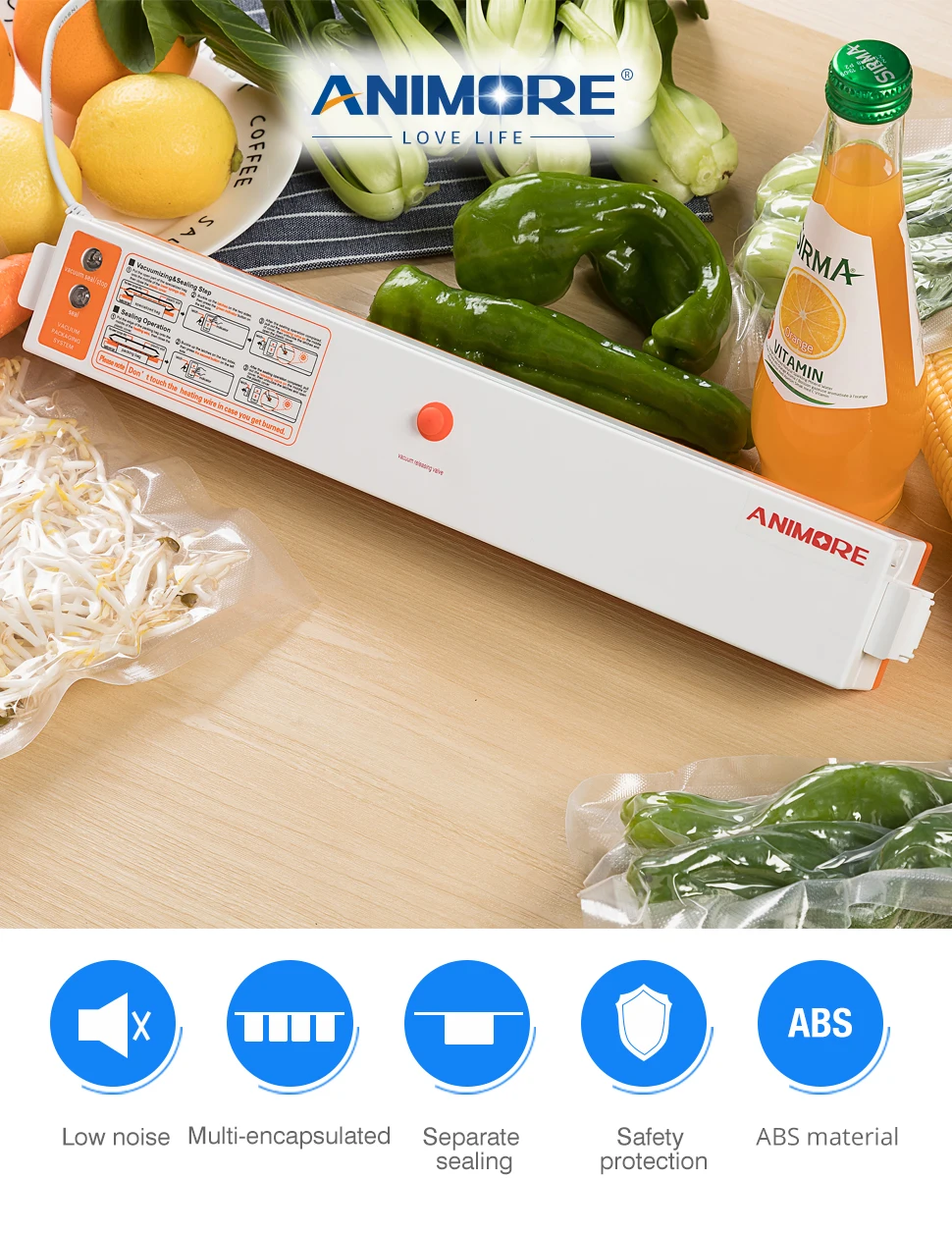 ANIMORE бытовой вакуумный упаковщик пищевых продуктов 220 В/110 В упаковочная машина пленочный упаковщик вакуумный упаковщик в том числе 10 шт пакетов VFS-02