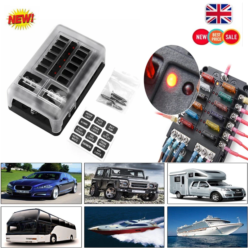 12V 32V Пластик крышка Держатель плавкого предохранителя M5 серьги-гвоздики с Светодиодный индикатор светильник 12 способов лезвие для сборных шин автомобильный комплект для Авто Лодка