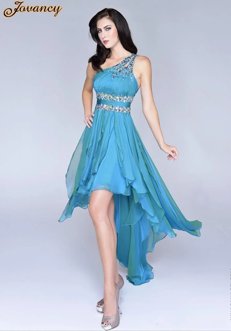 Элегантный Синий Кристалл Одно Плечо Вечернее Платье Асимметричные Платья