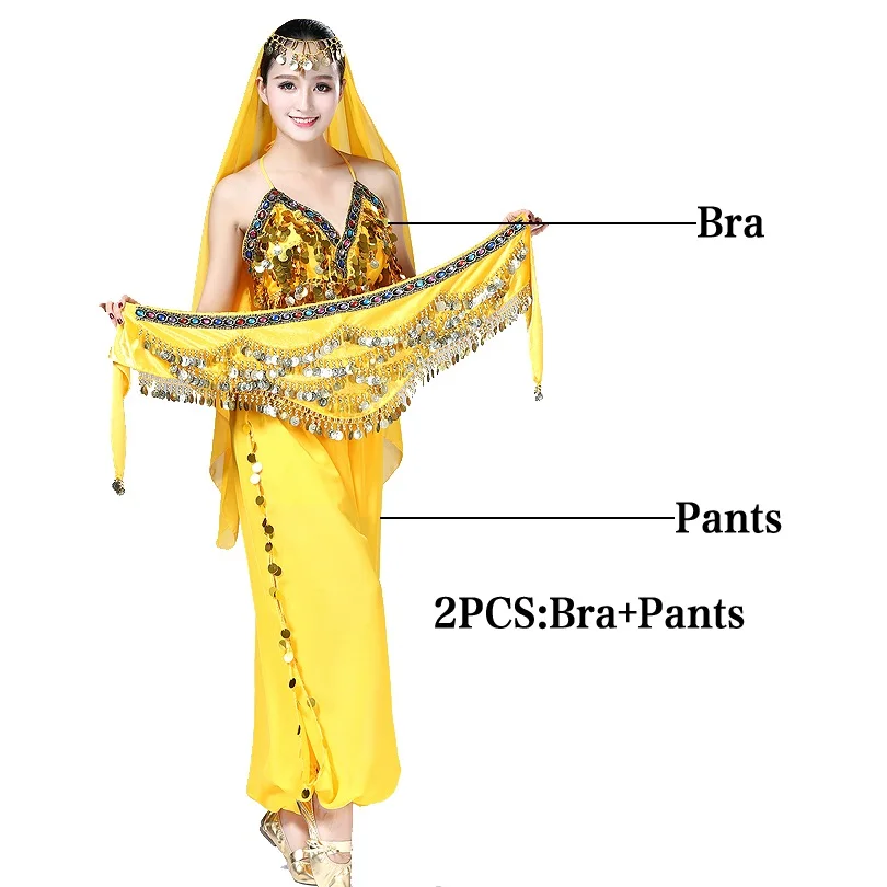 Yellow 2pcs Женский Восточный танцевальный костюм с блестками Индийский танец живота Костюмы Болливуд Хэллоуин шифон 10 цветов - Цвет: Yellow 2pcs