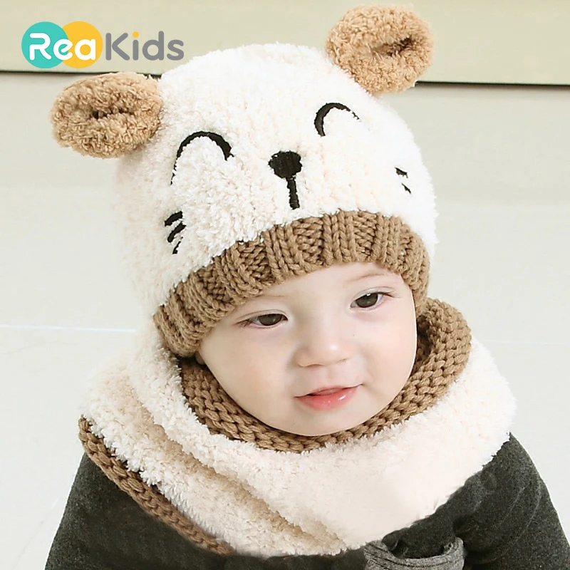REAKIDS/Милая Детская шляпа для девочек и мальчиков; Теплая Шапка; зимняя хлопковая детская шапка с ушками; вязаная шапка; шарф; шапка; комплект