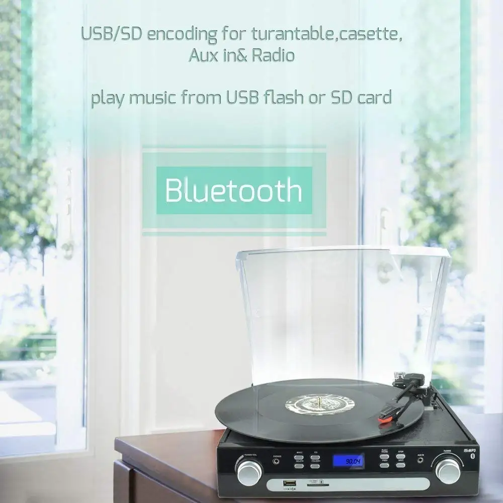 Проигрыватель динамики Bluetooth стерео LP винил чтобы MP3 конвертер кассета радио aux in