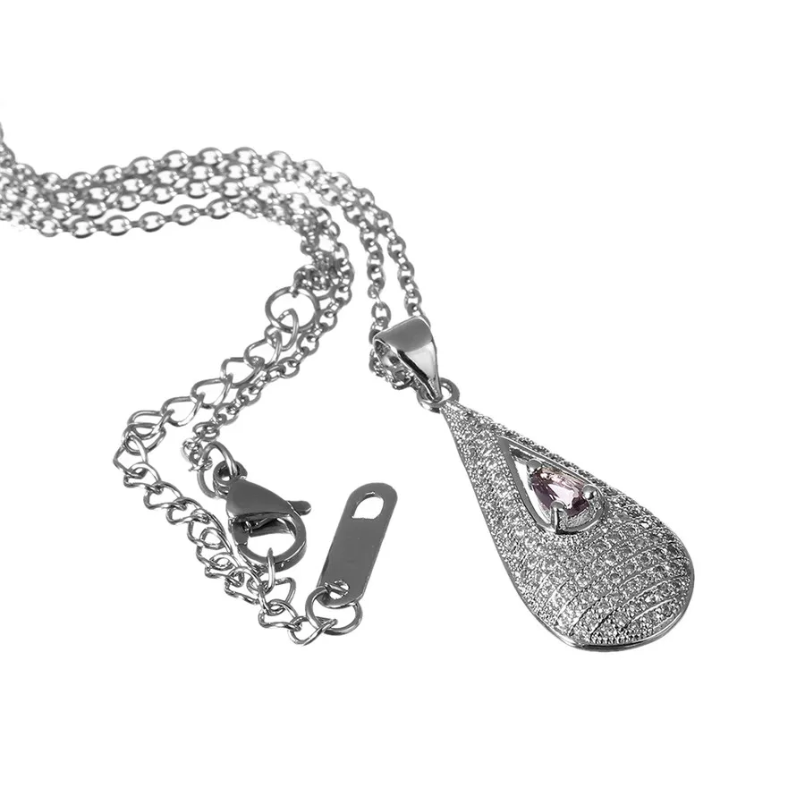 SAUVOO 1Pcs/lot Micro Pave CZ Water Drop Pendant Necklace For Women Stainless Steel Statement Chain BFF Gifts | Украшения и