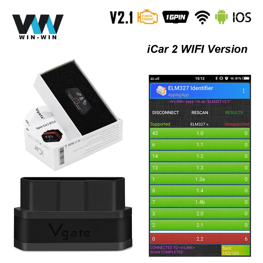 Vgate iCar2 ELM327 V2.1 OBD2 WI-FI сканер OBD 2 OBD2 ELM327 V2.1 Авто диагностический инструмент Vgate Икар 2 easydiag VS Elm 327 V1.5