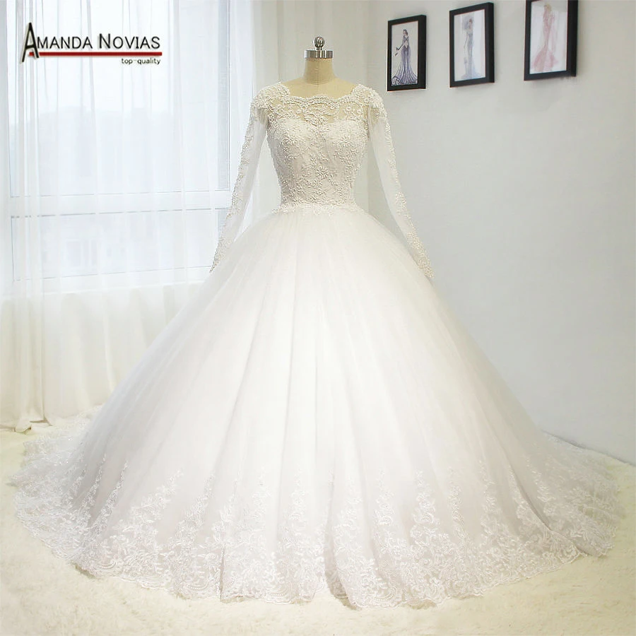 Горячая Распродажа года халат De mariée длинный рукав Кружево аппликации открытой спиной Пышное Бальное Платье Свадебное Платье