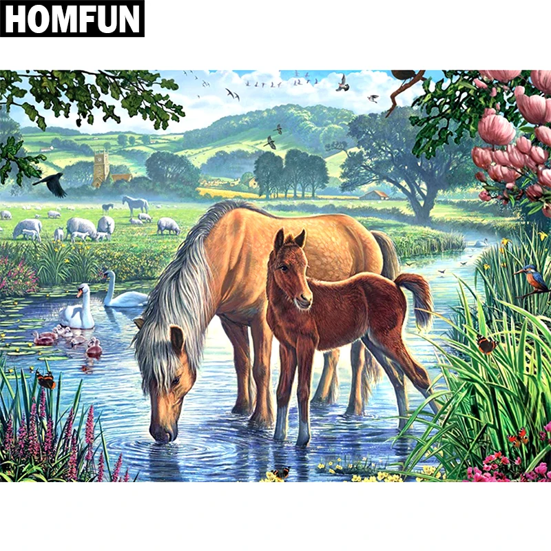 Алмазная 5D Вышивка HOMFUN Семья лошадей картина с полными квадратными/круглыми