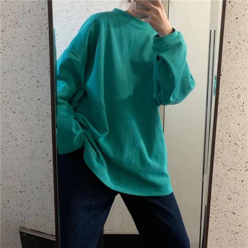 Осень корейский ulzzang мода Свободный Harajuku с длинными рукавами свитер ins простой сплошной цвет o-образным вырезом Повседневная Женская толстовка