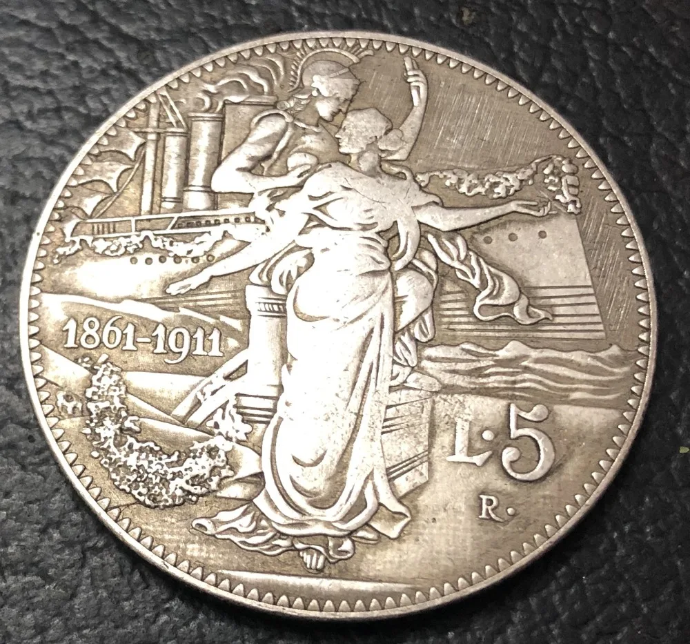 1911 Италия 5 Lire-Vittorio Emanuele III Посеребренная Имитация монеты