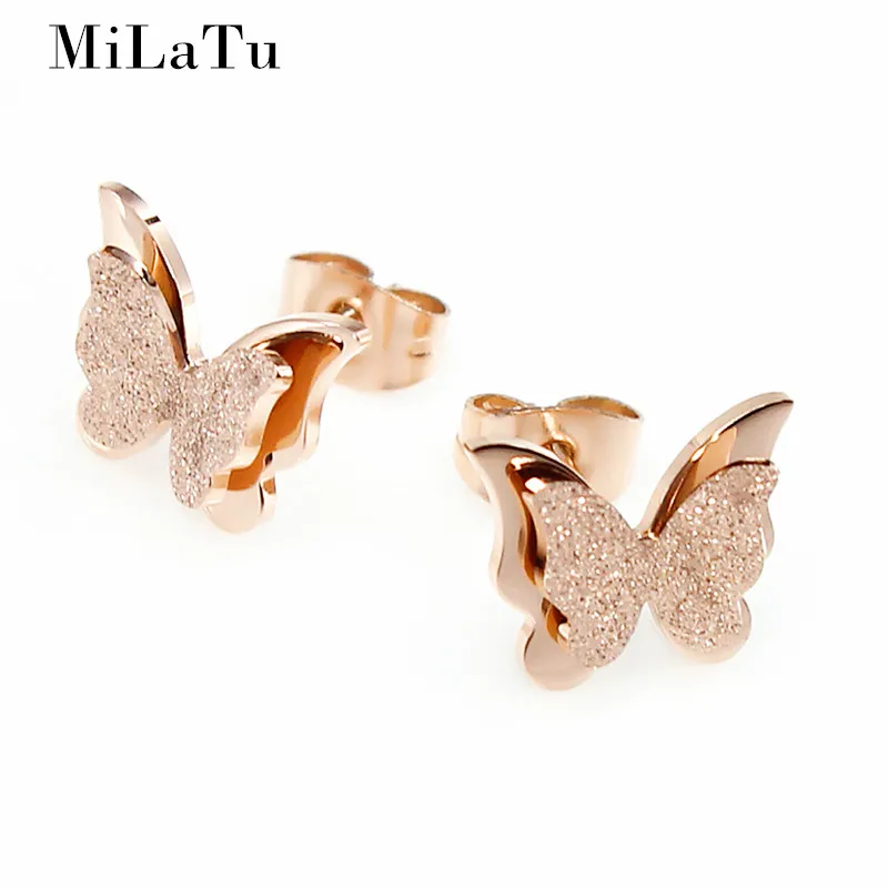 Женские серьги гвоздики с двойной бабочкой из нержавеющей стали цвета розового