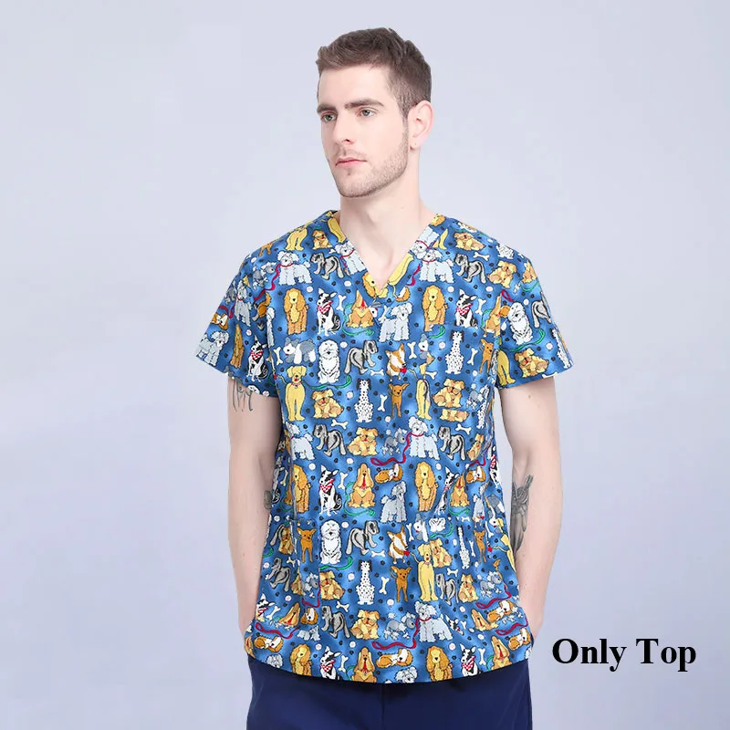 Men Scrub Top Унисекс, униформа для кормления, принт, скраб, набор, костюм, медицинская одежда, больничная одежда, топ и штаны, шнурок, v-образный вырез, стильная Рабочая одежда - Цвет: Men Scrub Top