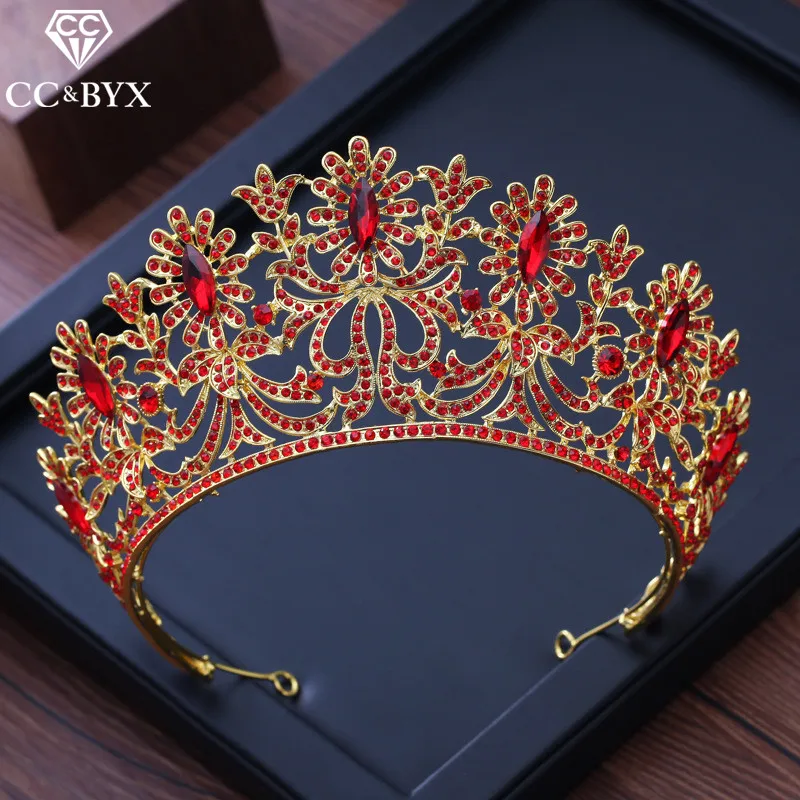 CC Большой венец тиара Роскошный блеск красный камень cz pageant Обручальное Свадебные аксессуары для волос для невесты изделия высокого качества XY221