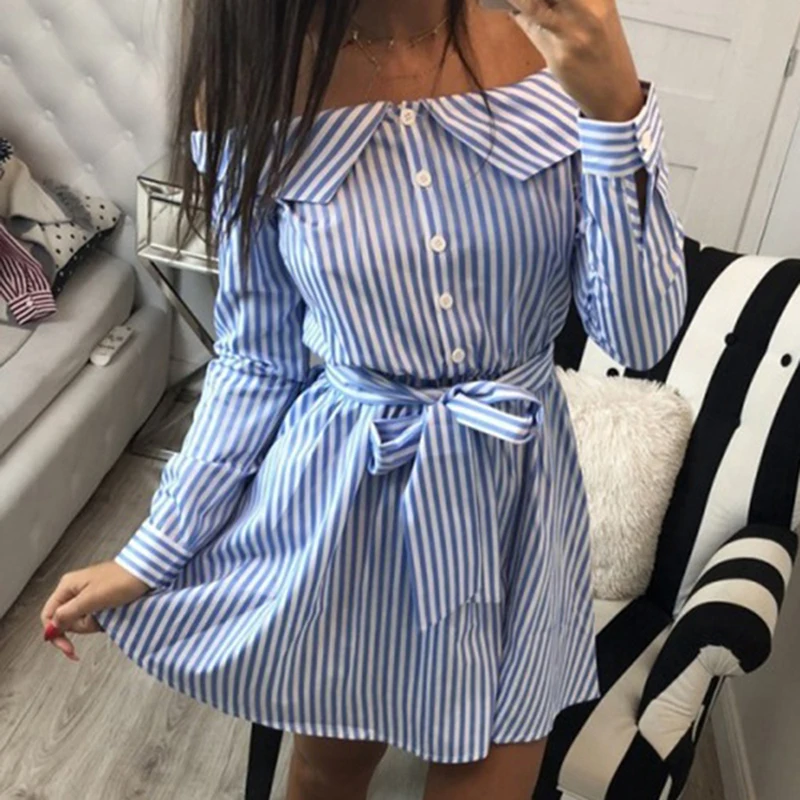 NIBESSER сексуальное женское платье рубашка в полоску с открытыми плечами вырезом