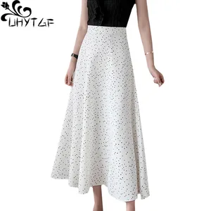Женская шифоновая юбка UHYTGF, винтажная длинная юбка с высокой талией и принтом, белая, черная, для лета, 124