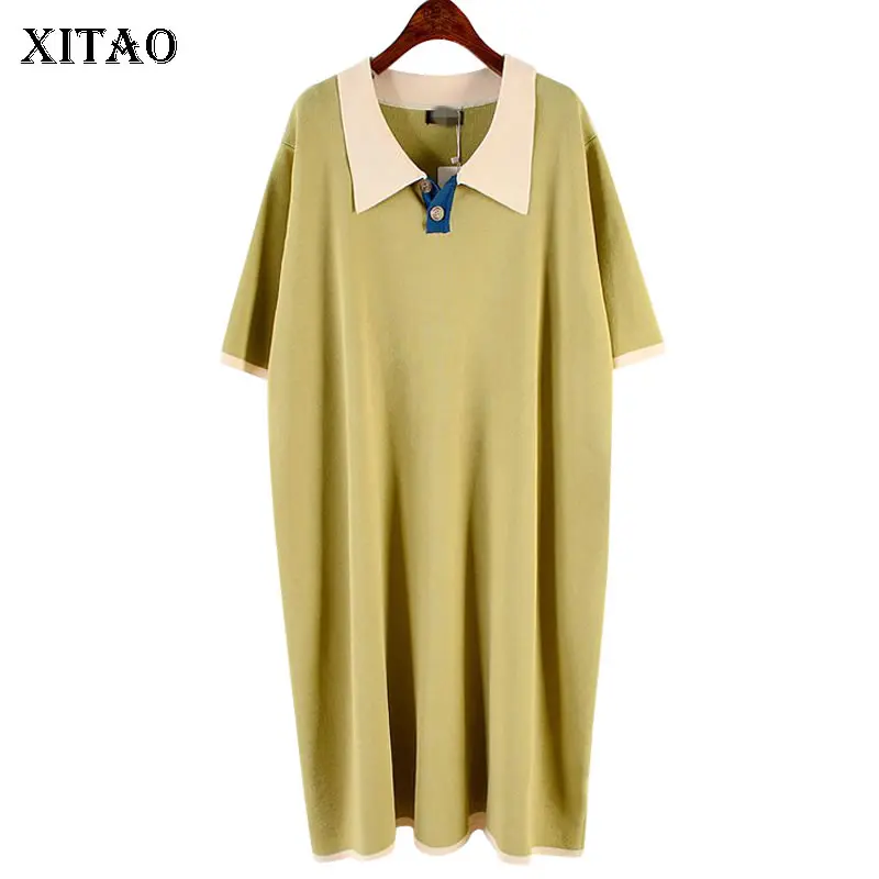 XITAO темперамент Тонкий зеленый платье прямое женское поло воротник негабаритных