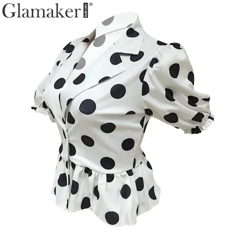 Glamaker, винтажные женские топы в горошек, лето, тонкая белая блузка, рубашка, топ, Женская Ретро блузка с баской, рубашки, feminina