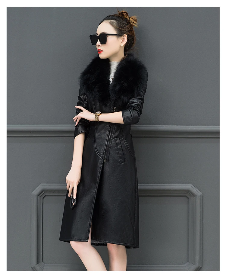 

Plush Casual Outerwear Winter Big Fur Collar Leather Jacket women 2019 Slim Lapel Belt Belt PU Locomotive Coat Plus Size 4XL