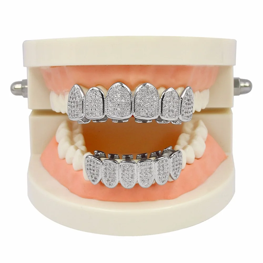 Для мужчин хип-хоп Клык Топ нижних зубов Grillzs комплект цвета: золотистый, серебристый Цвет Micro Проложить Белый CZ Украшенные стразами льдом, ювелирные изделия