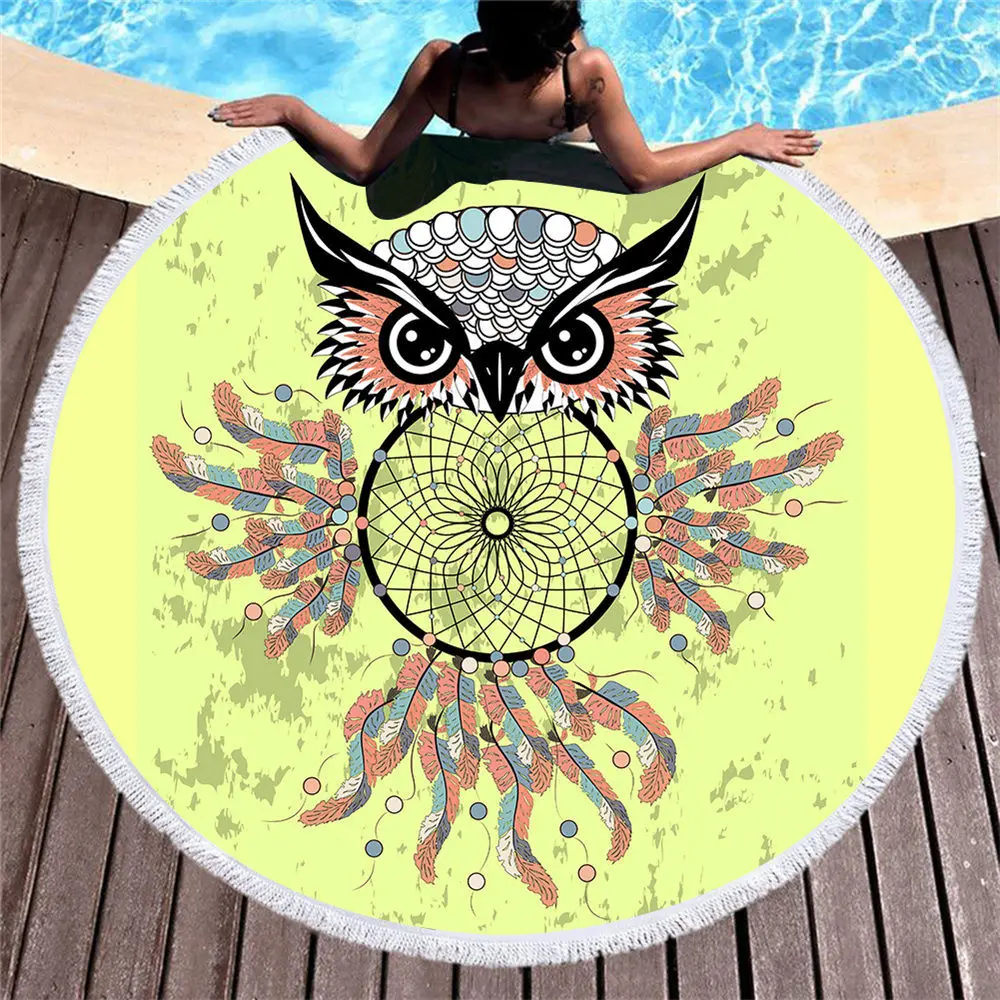 Пляжное полотенце из микрофибры с принтом совы милое круглое животными большой