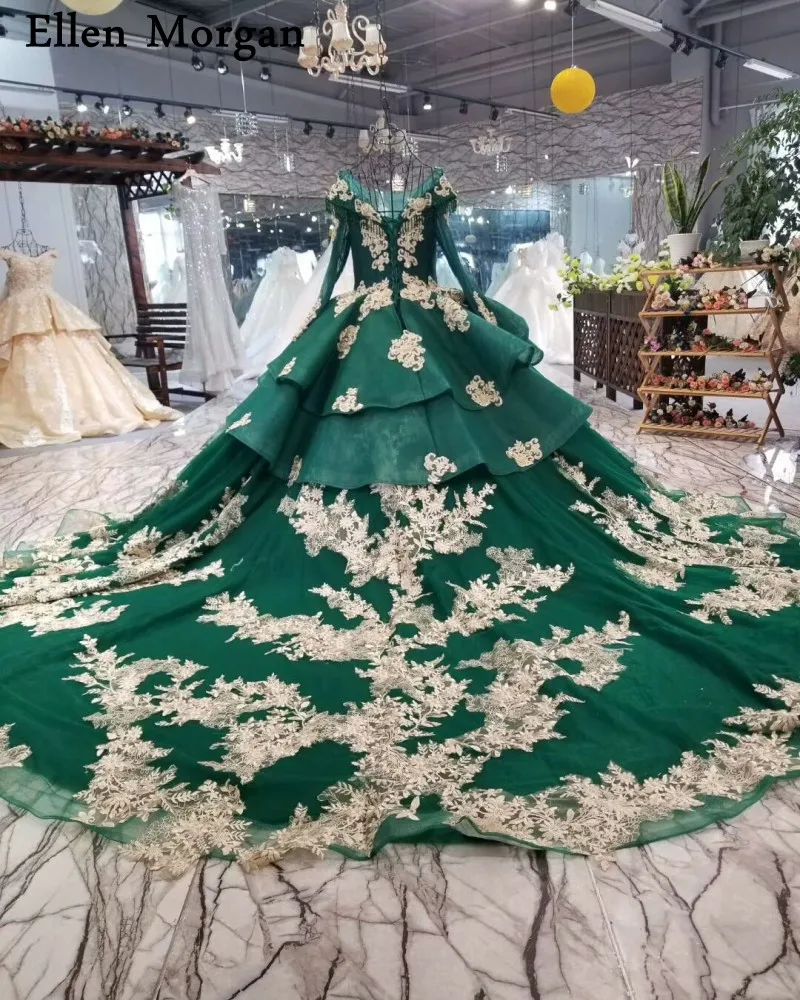 Темно-зеленое свадебное платье с длинным рукавом принцессы золотым кружевом и